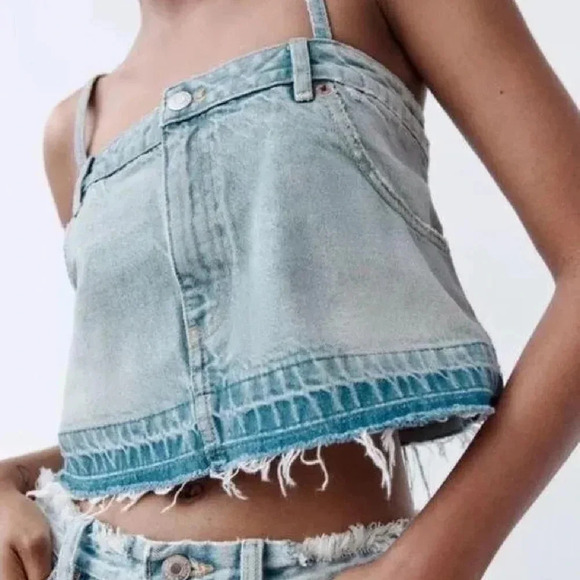 ZARA Womens Denim Cropped Top Size L Coastal Wear Beach Summer casual - Picture 8 of 11